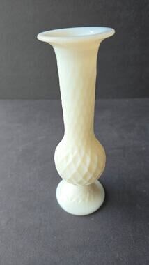 Vintage EO Brody White Milk Glass Bud Vase Opaque Diamond Pattern Pedestal Decor